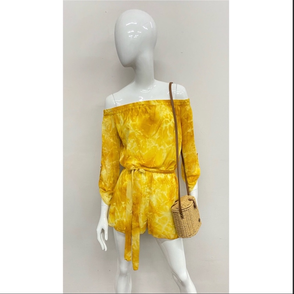 Chic Yellow Tie Dye Off Shoulder Romper NWT - Picture 2 of 5
